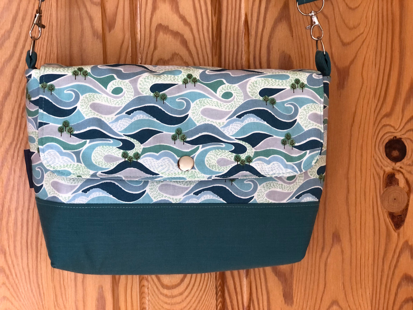 Blues and greens, natural world shoulder bag with turquoise zip pocket