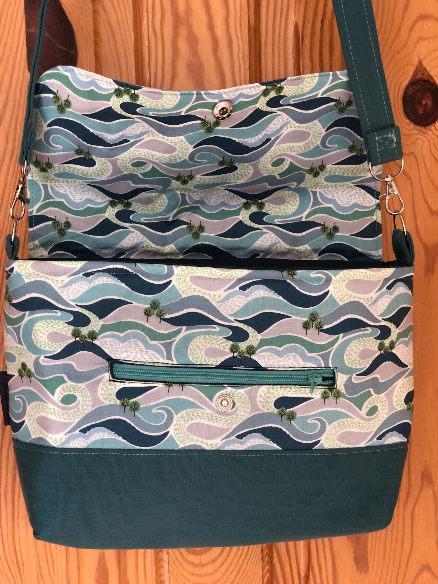 Blues and greens, natural world shoulder bag with turquoise zip pocket