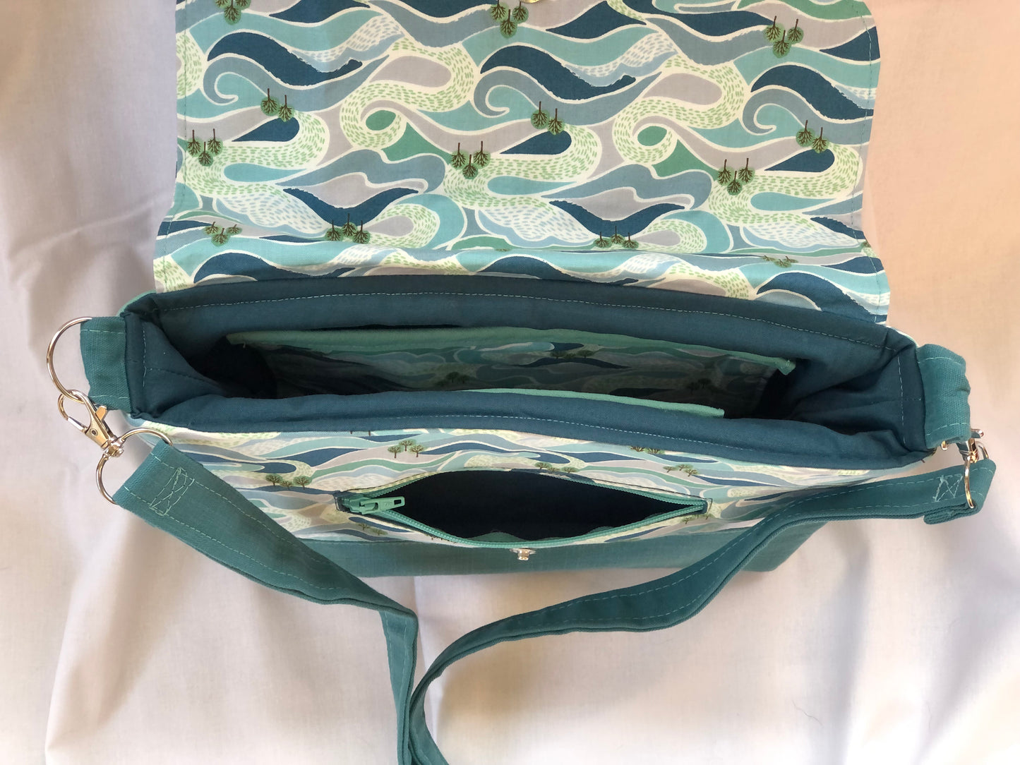 Blues and greens, natural world shoulder bag with turquoise zip pocket