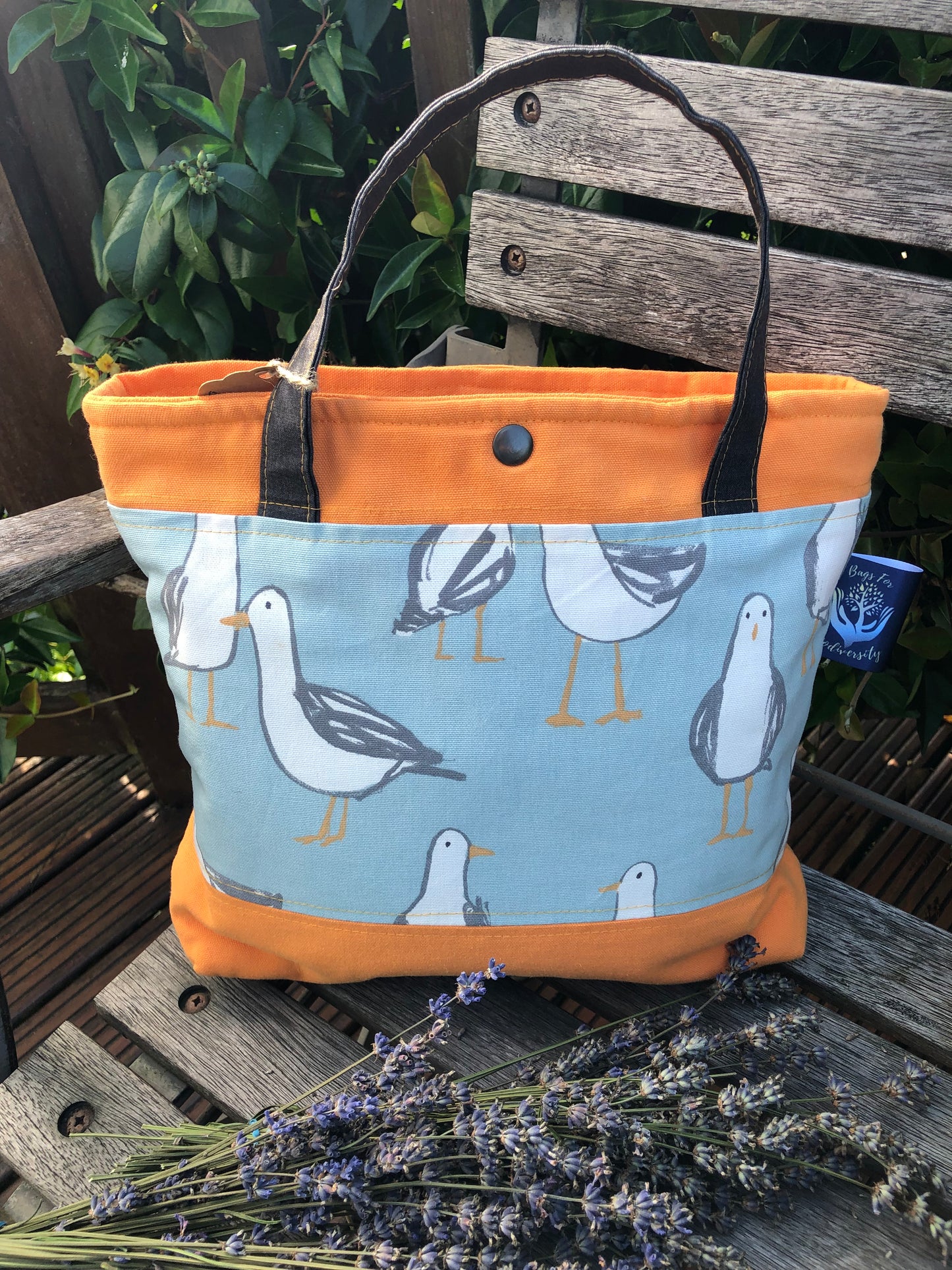 orange, blue, grey and white seagull patterned, luxury padded shopper/office bag