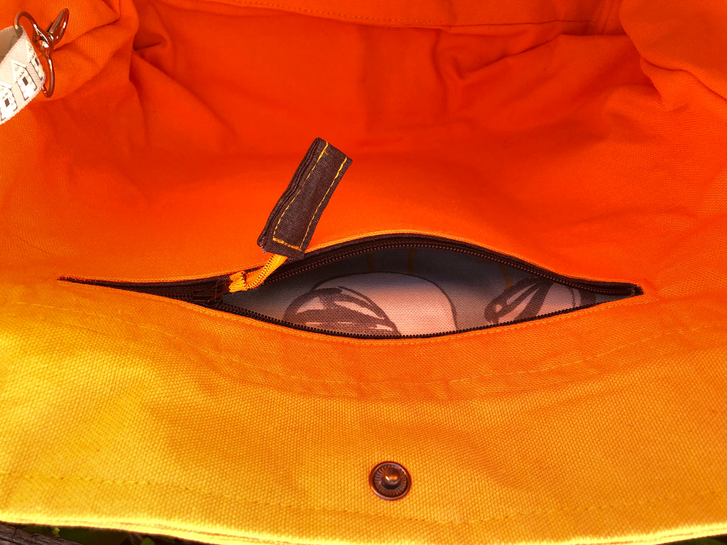 orange, blue, grey and white seagull patterned, luxury padded shopper/office bag