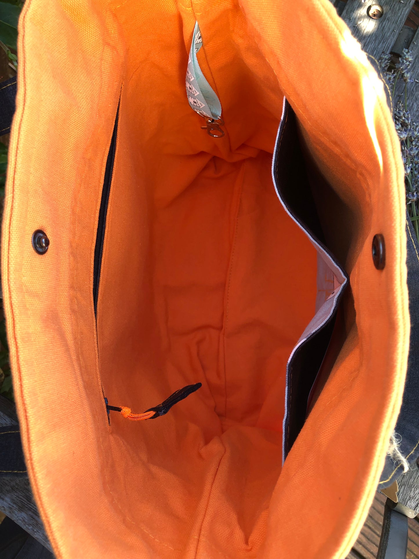 orange, blue, grey and white seagull patterned, luxury padded shopper/office bag
