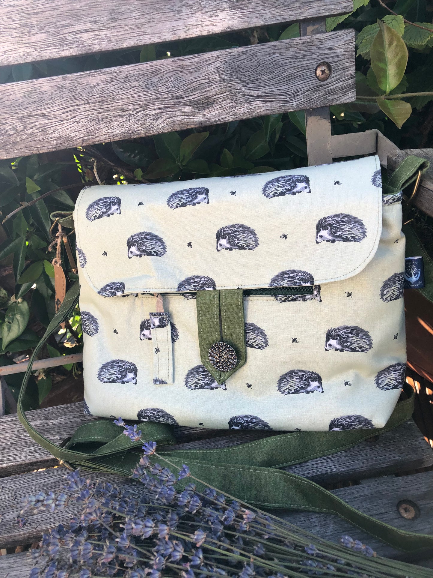 green and grey hedgehog shoulder bag