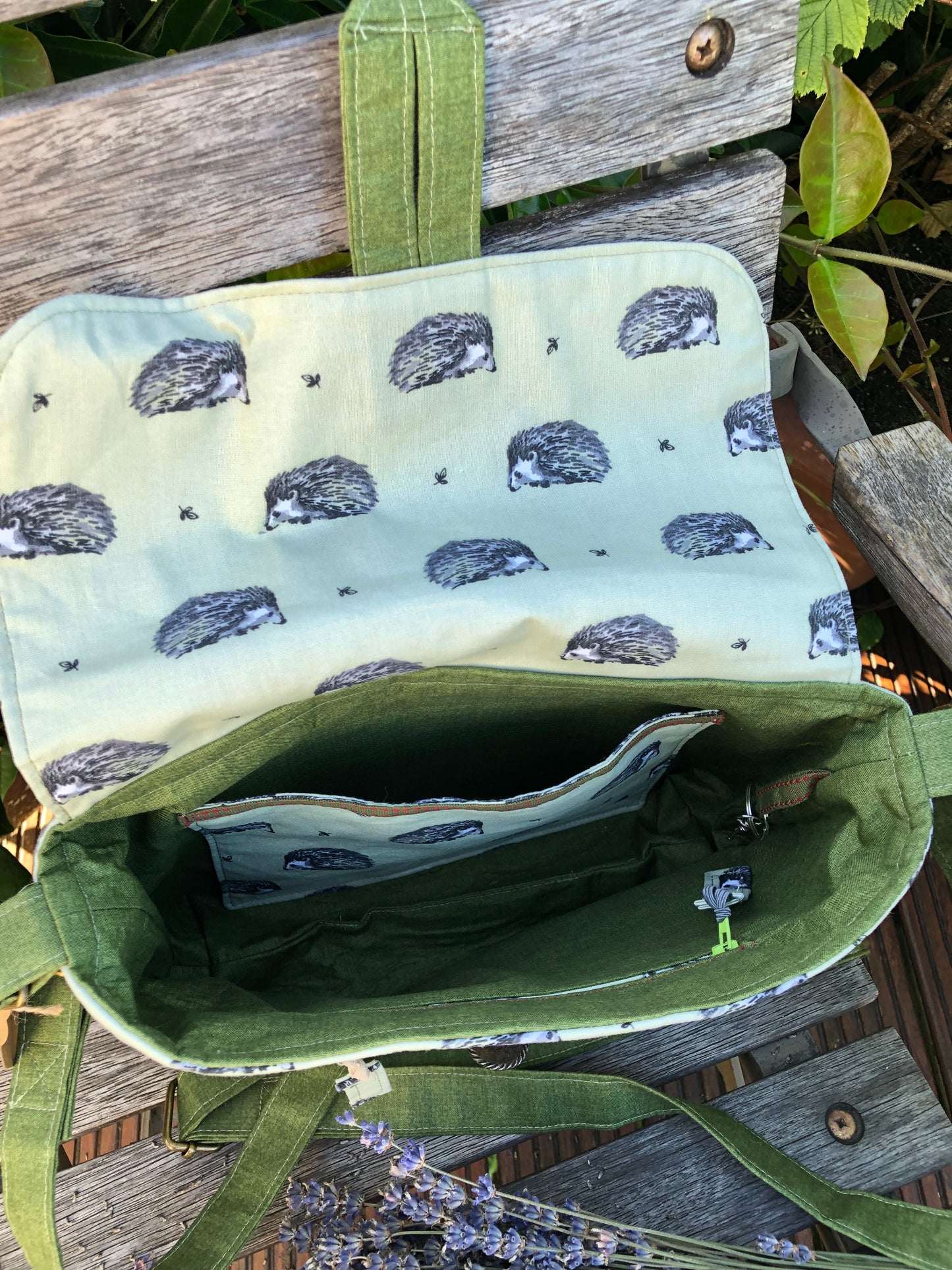green and grey hedgehog shoulder bag