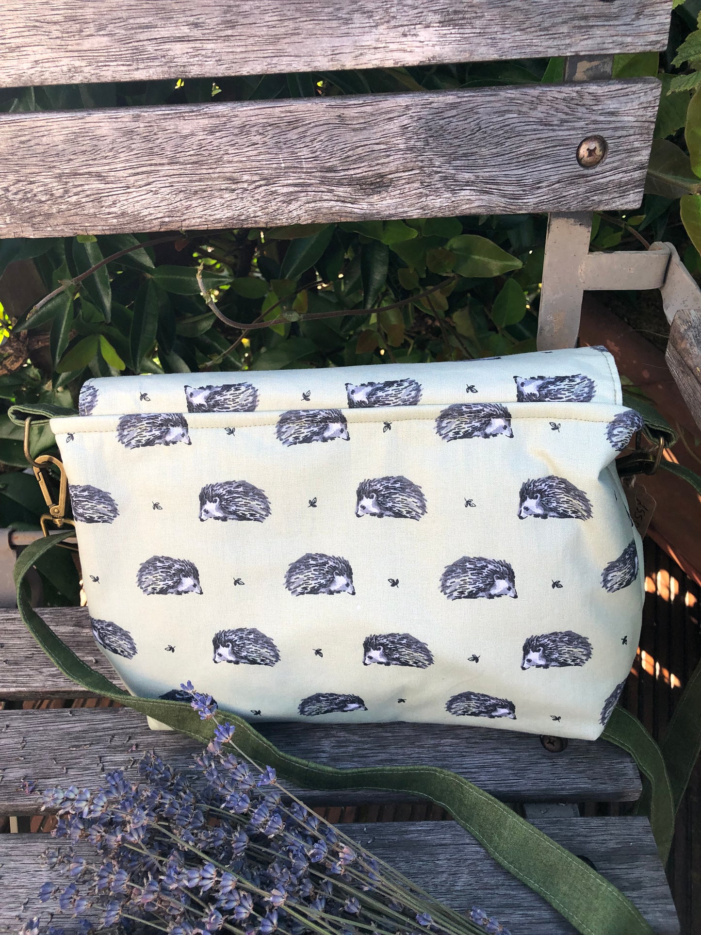 green and grey hedgehog shoulder bag