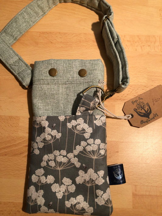 sage cow parsley phone bag with key carabina