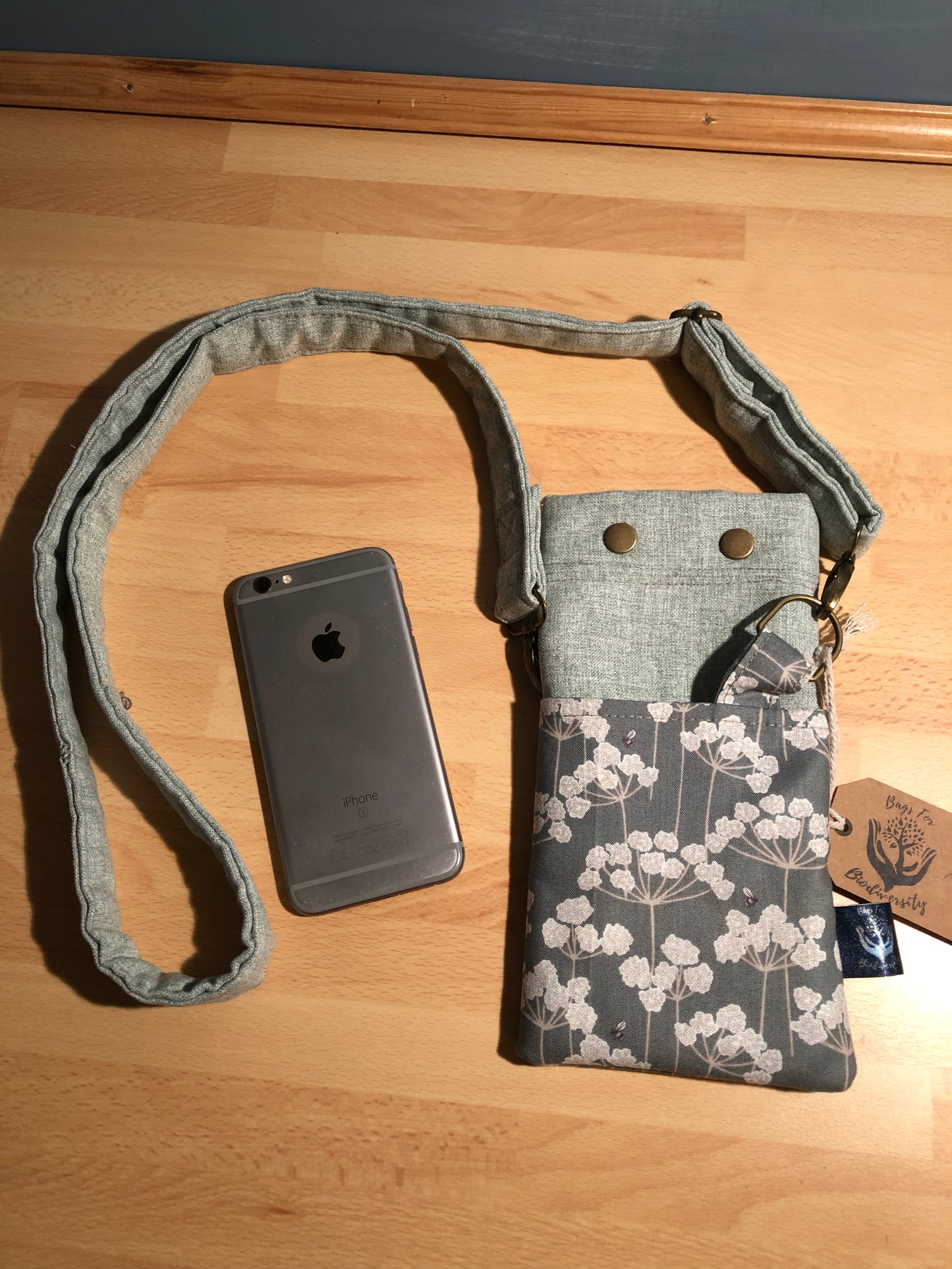 sage cow parsley phone bag with key carabina