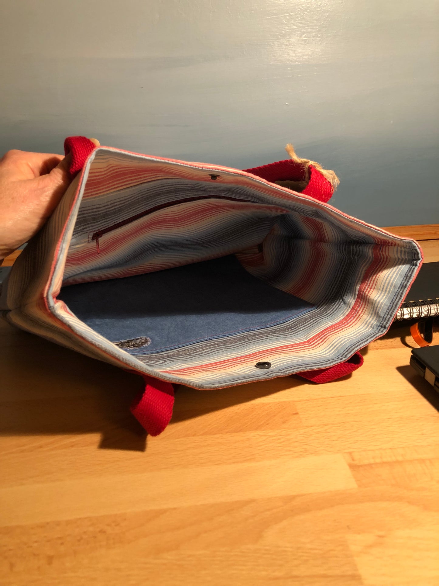 Blue hedgehog and stripes shopper/office bag