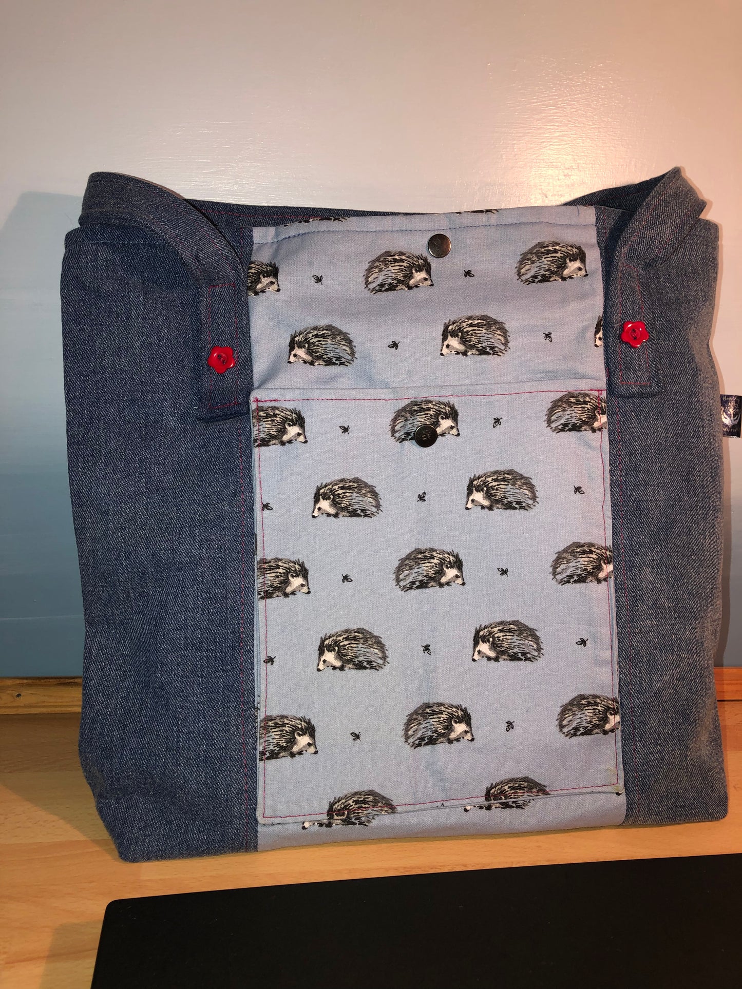 Hedgehog and denim  shopper /work bag with water bottle holder and pockets