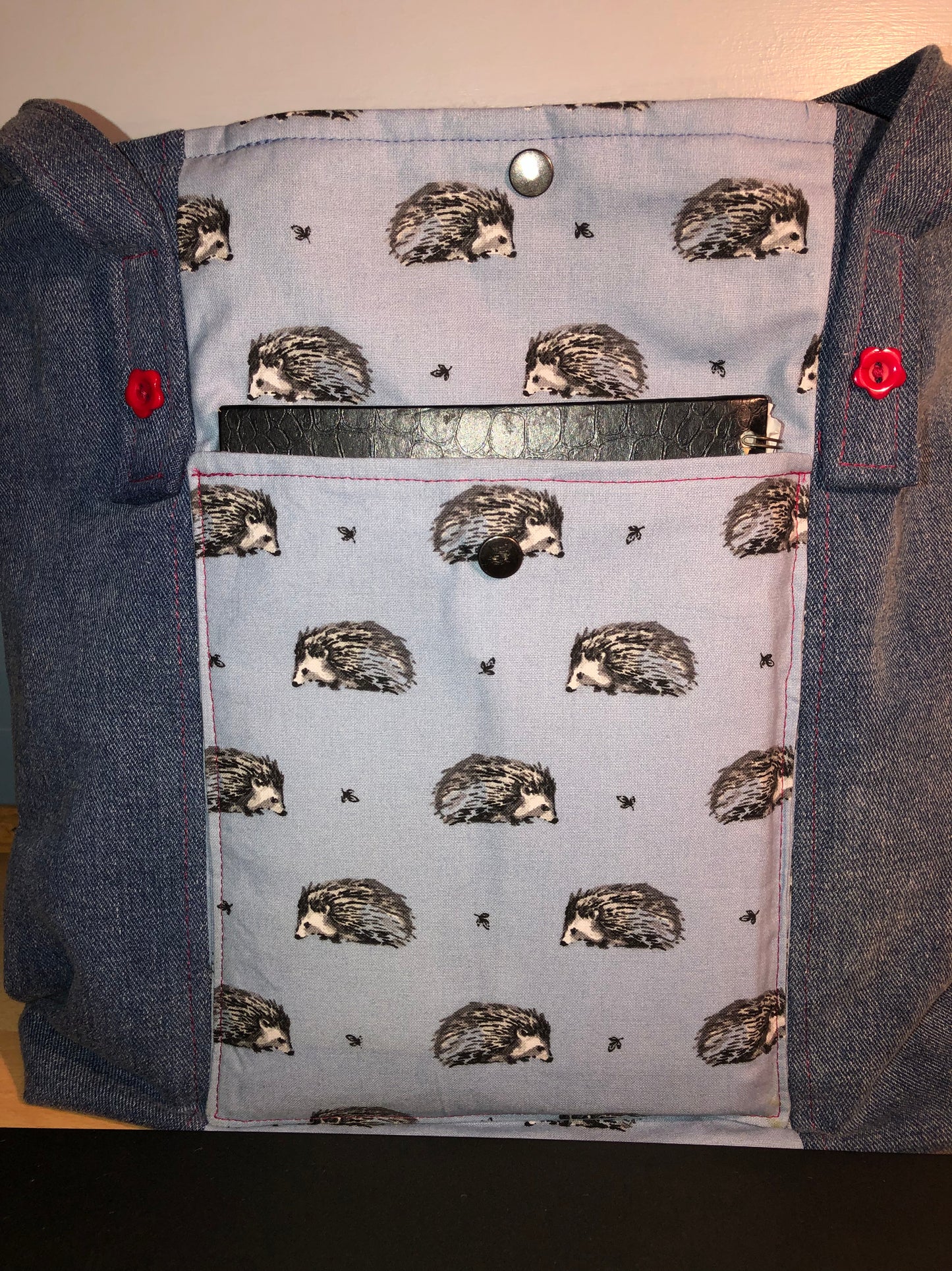Hedgehog and denim  shopper /work bag with water bottle holder and pockets