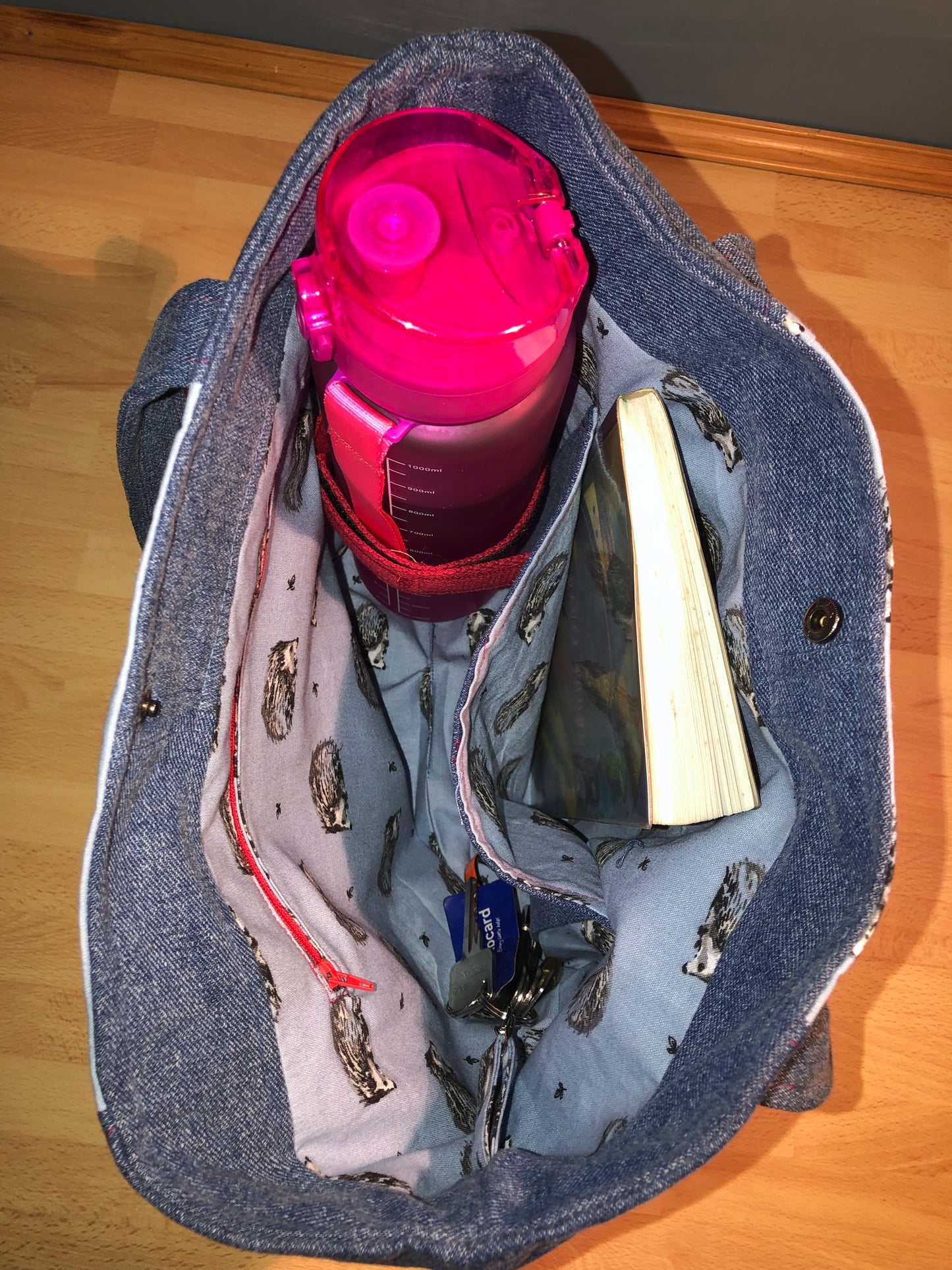 Hedgehog and denim  shopper /work bag with water bottle holder and pockets