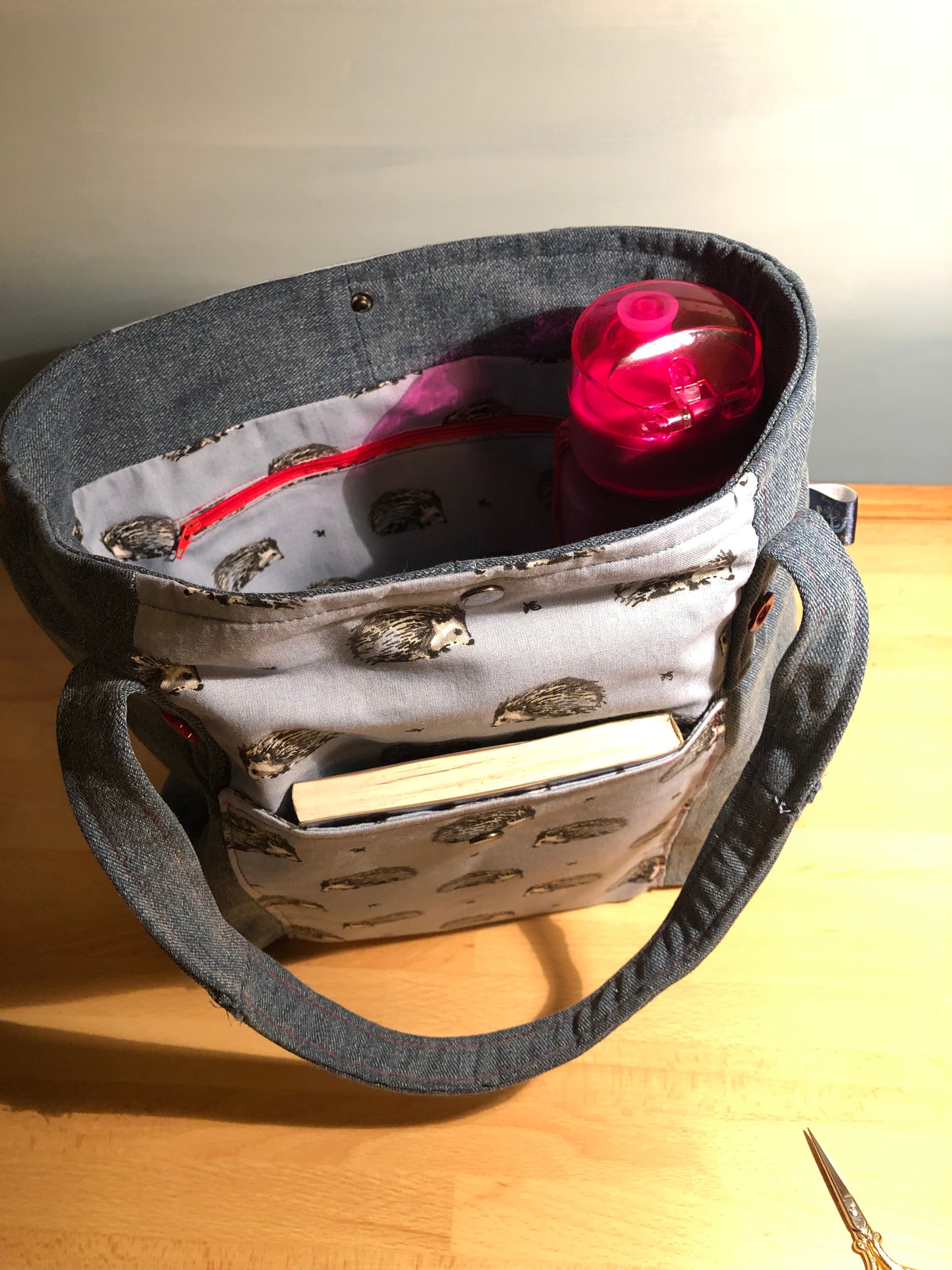 Hedgehog and denim  shopper /work bag with water bottle holder and pockets