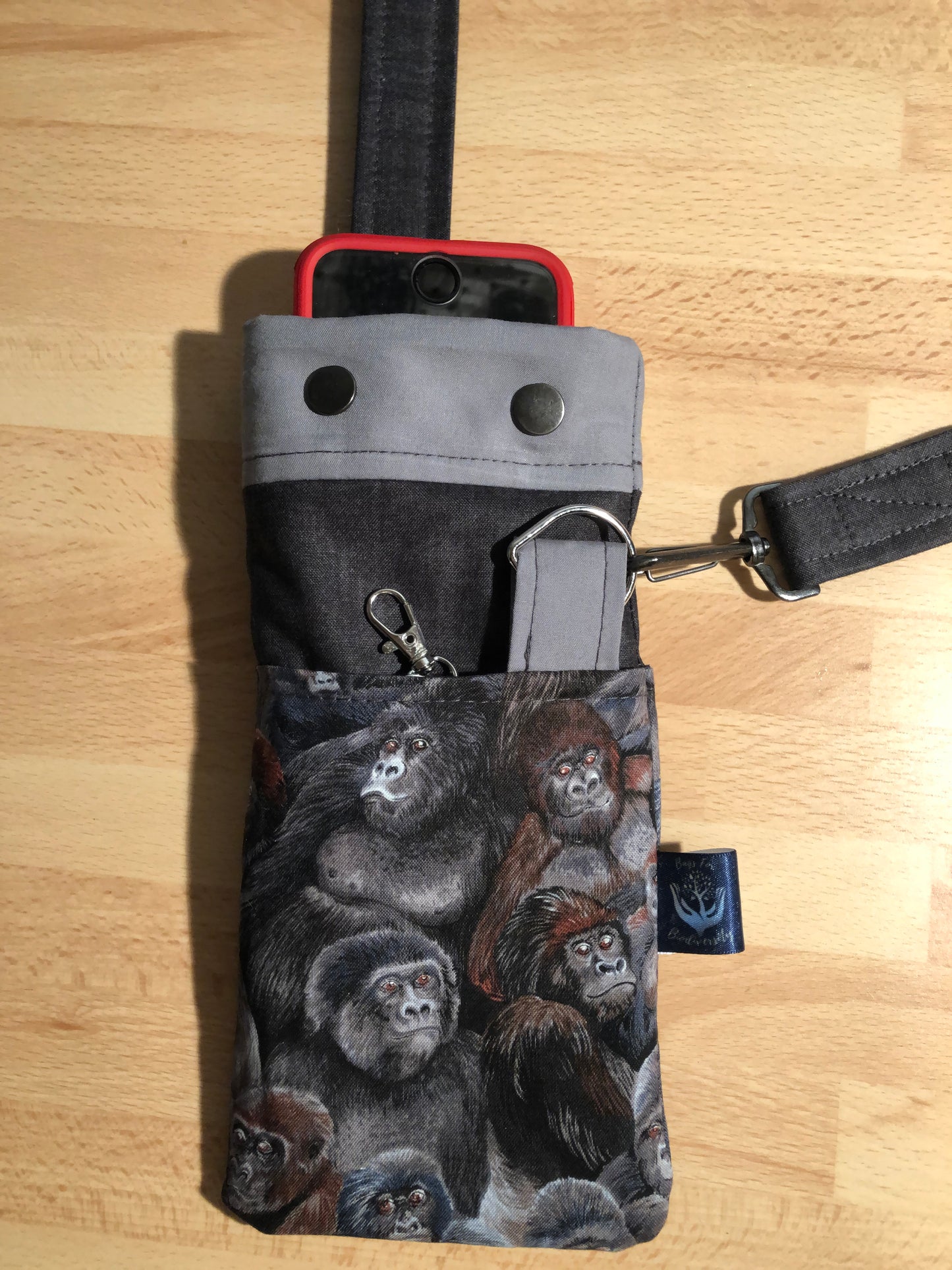 Gorilla phone bag with detachable strap and key carabine