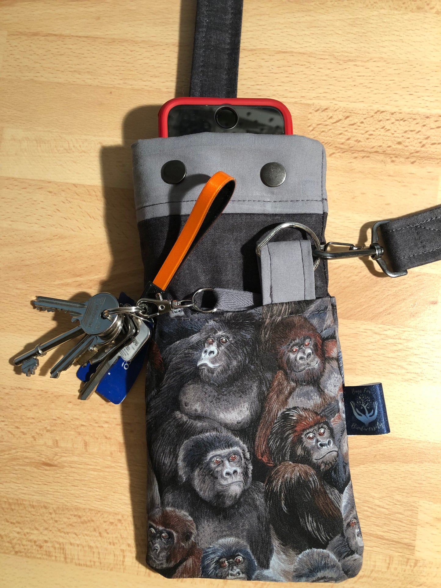 Gorilla phone bag with detachable strap and key carabine