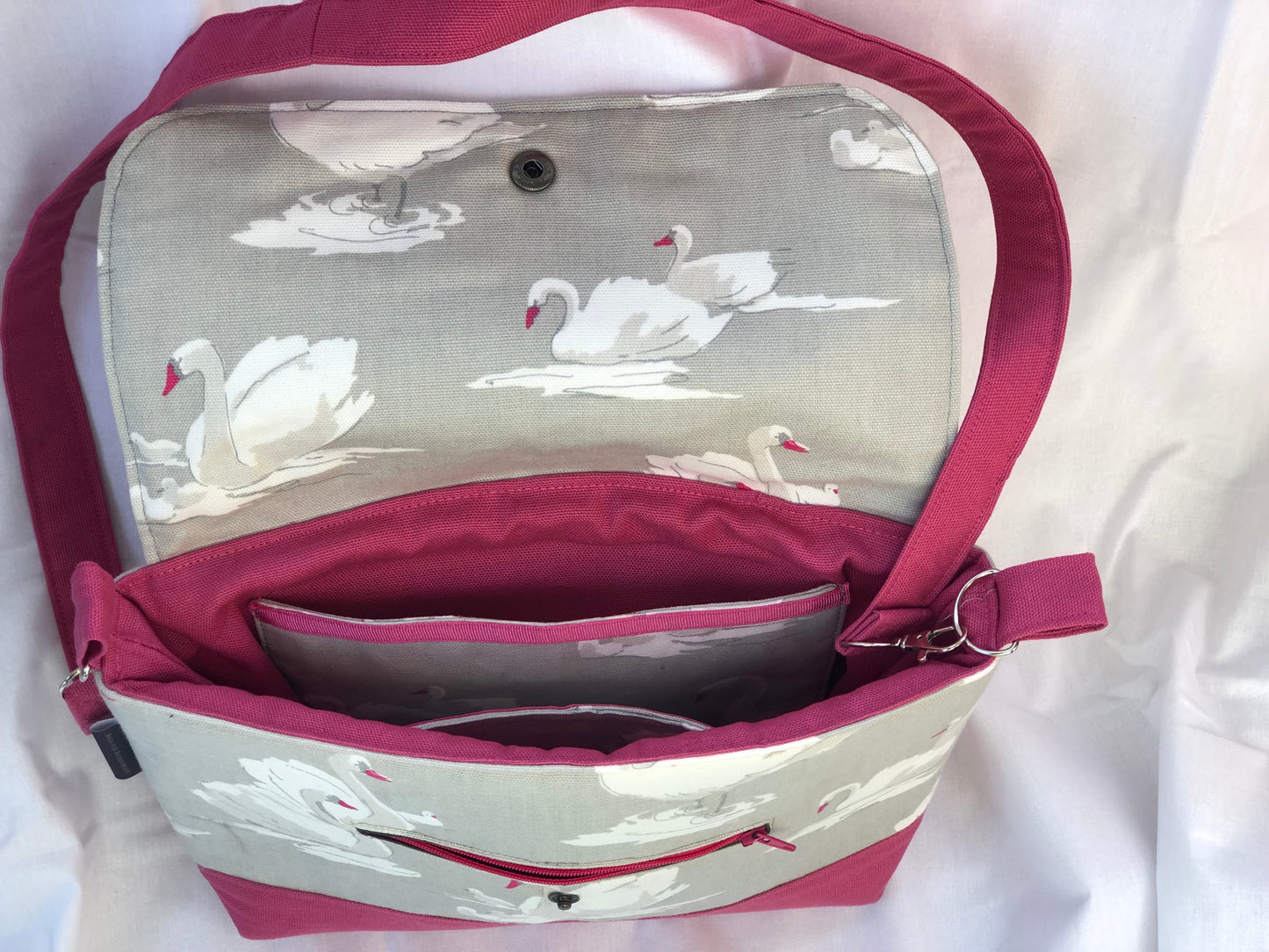 grey and pink, swan shoulder bag