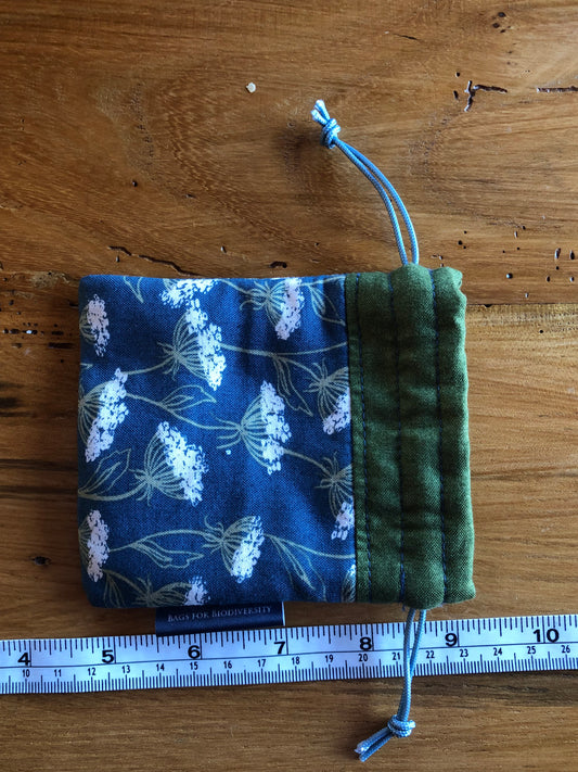 cow parsley, padded  drawstring pouch for jewellery, cables or coins, with blue drawstring