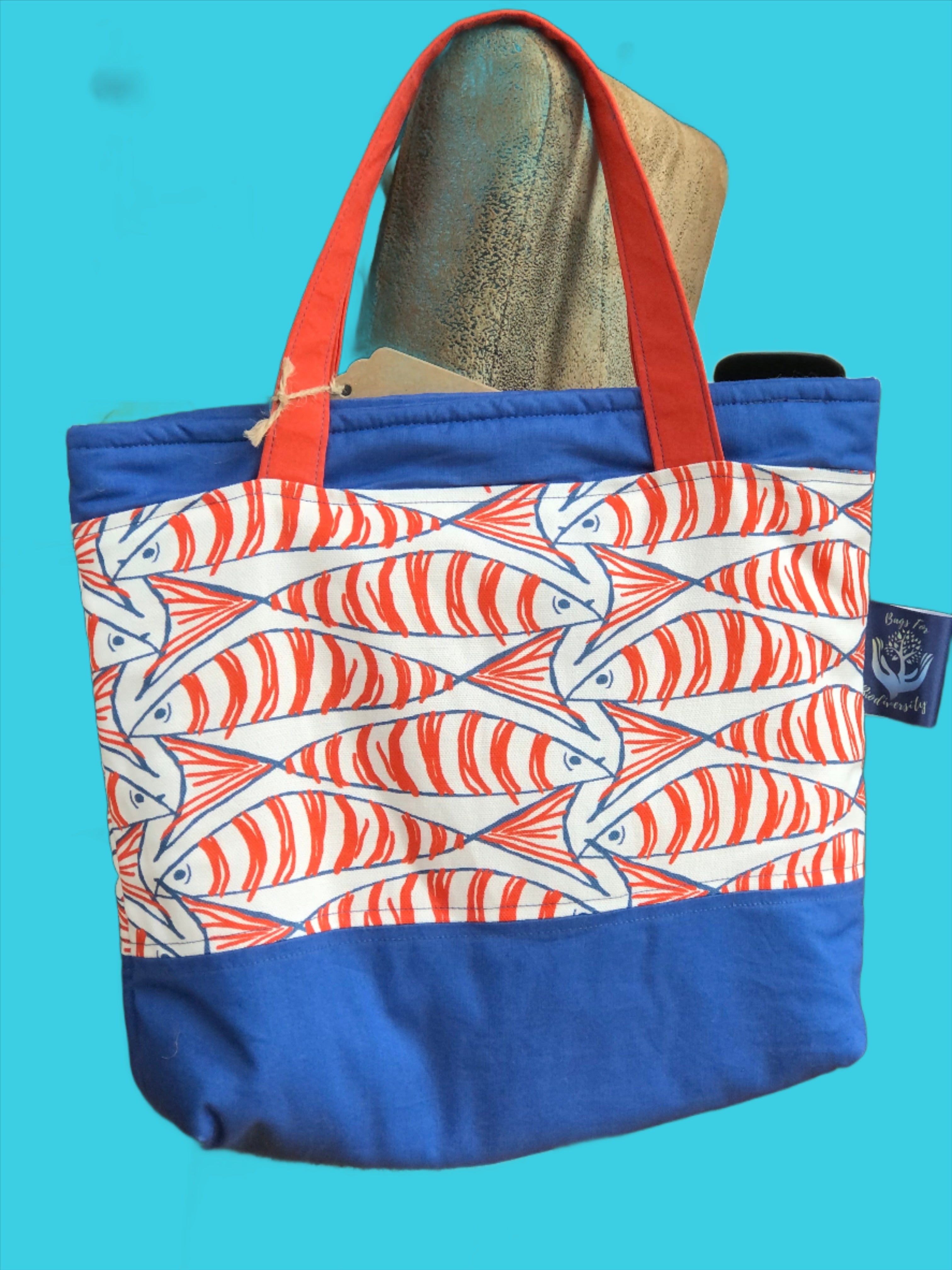 orange blue and white fish pattern shopper work bag