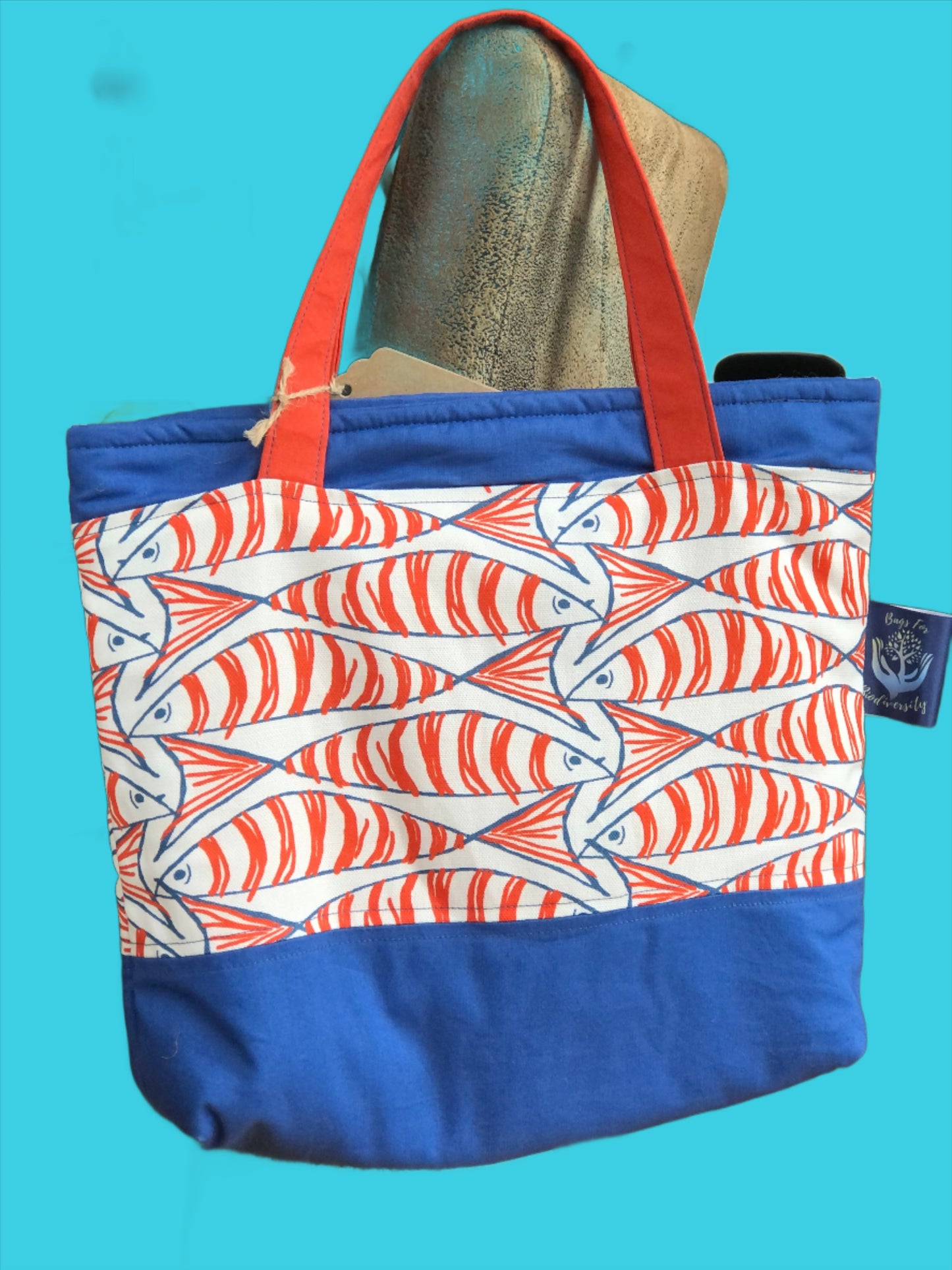 orange, blue and white, fish pattern shopper/work bag