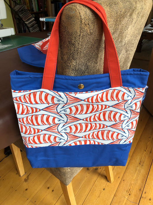 orange blue and white fish pattern luxury shopper/work bag/ lap top bag