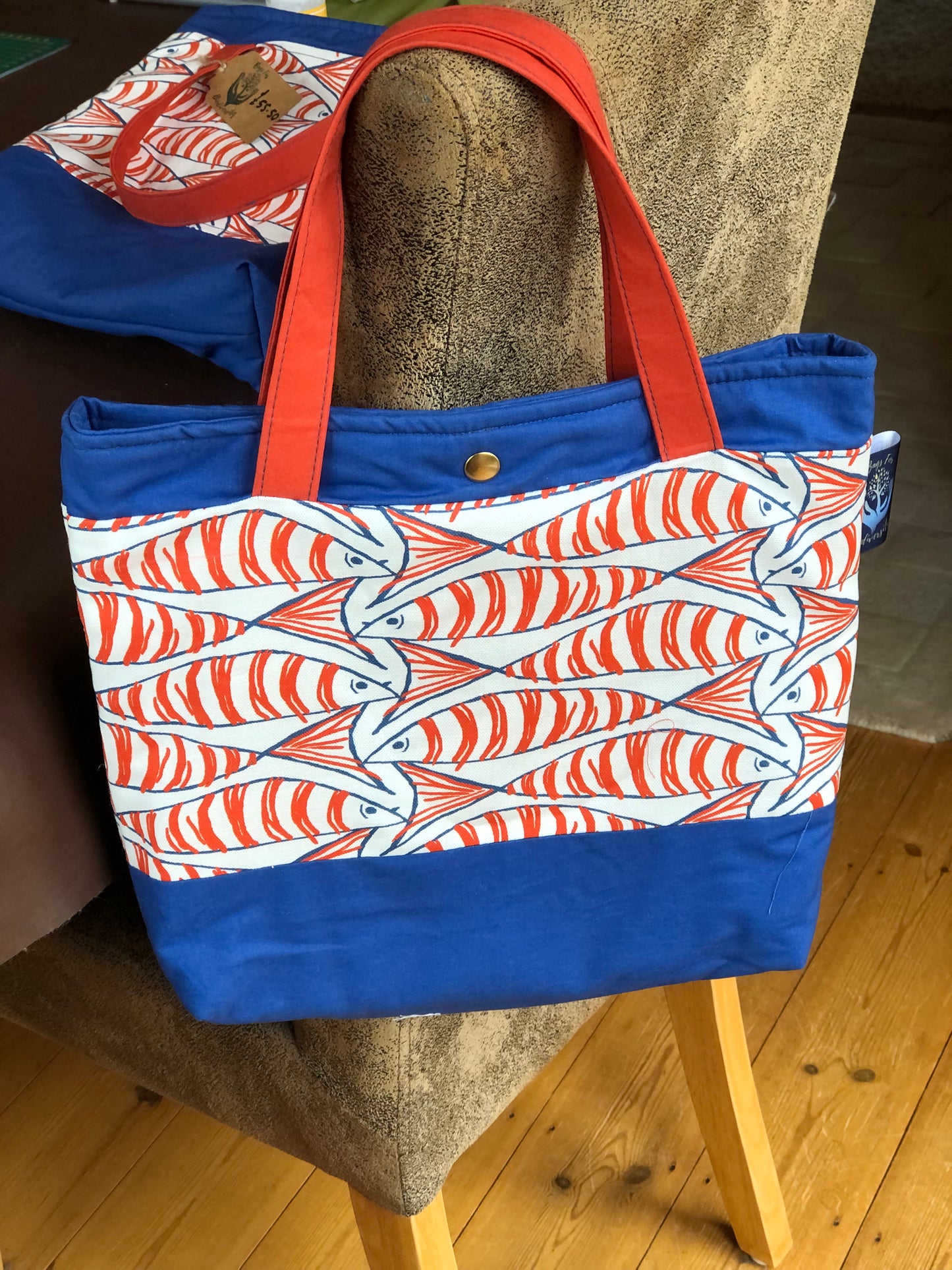 orange blue and white fish pattern luxury shopper/work bag/ lap top bag