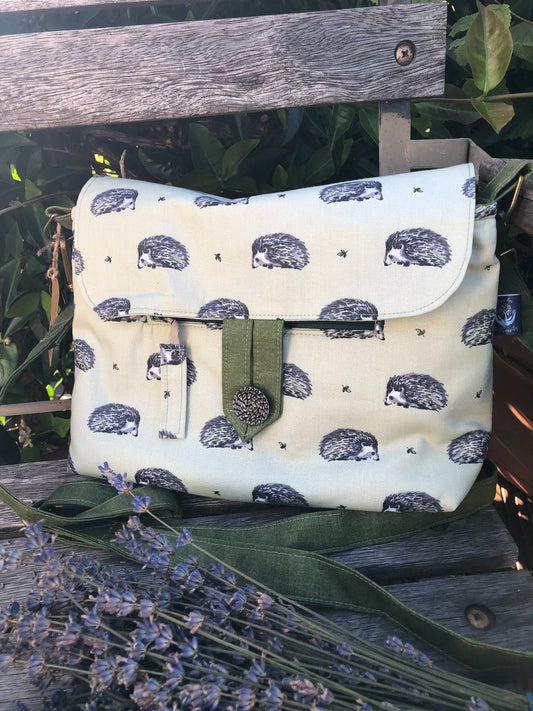 green and grey hedgehog shoulder bag