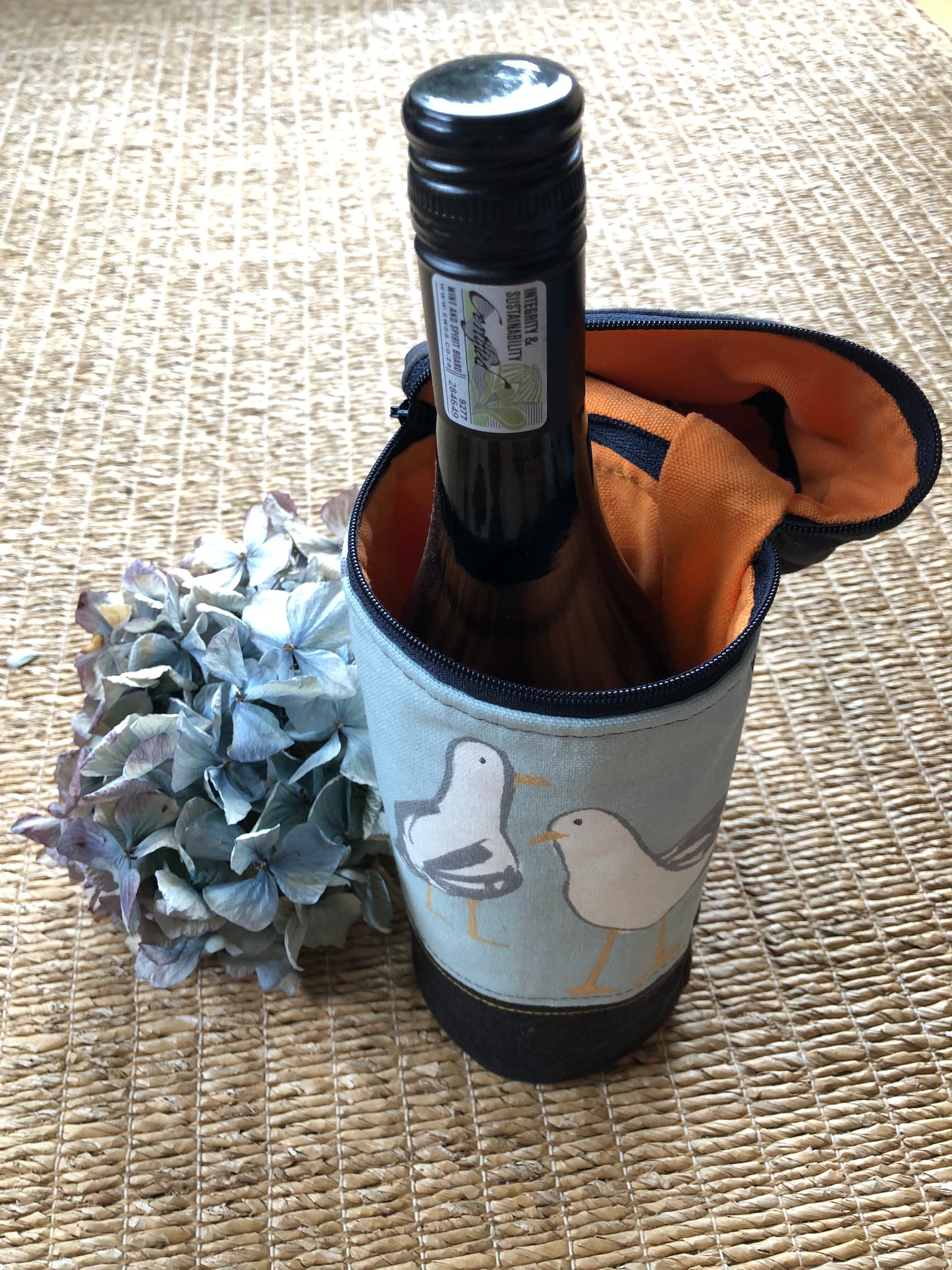 wine bottle carrier grey and orange seagull pattern