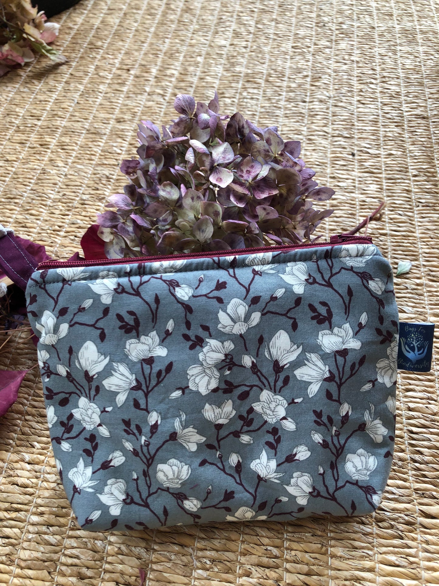 plum, grey and cream, waterproof lined cosmetic bag