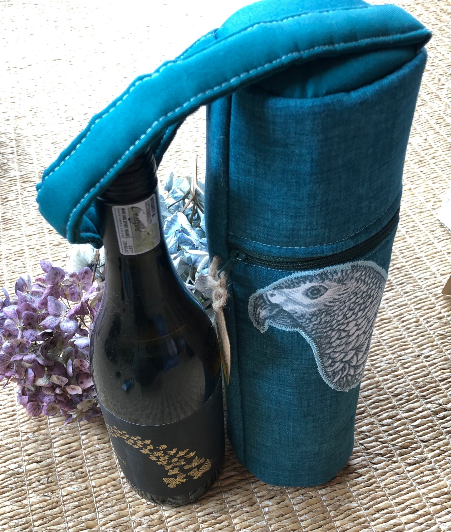 wine carrier- teal parrot